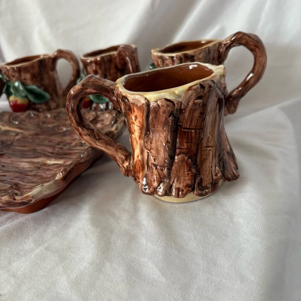 Vintage ceramic strawberry 6 mug set with serving tray apple tree dining home